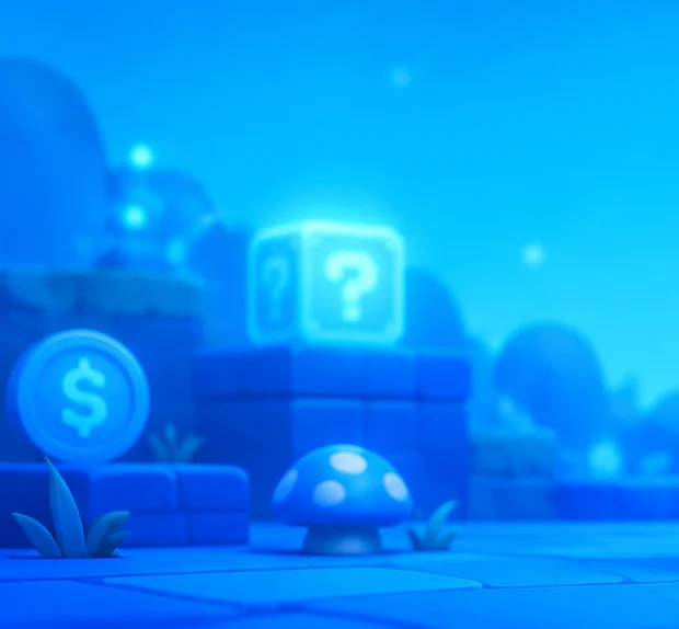 The blue game world in soft focus: coin blocks, a question block and a mushroom, all idle.